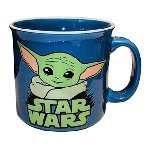 🔥Star Wars Mandalorian Baby Yoda Grogu Blue Ceramic Coffee Mug Wide Rim 20 oz